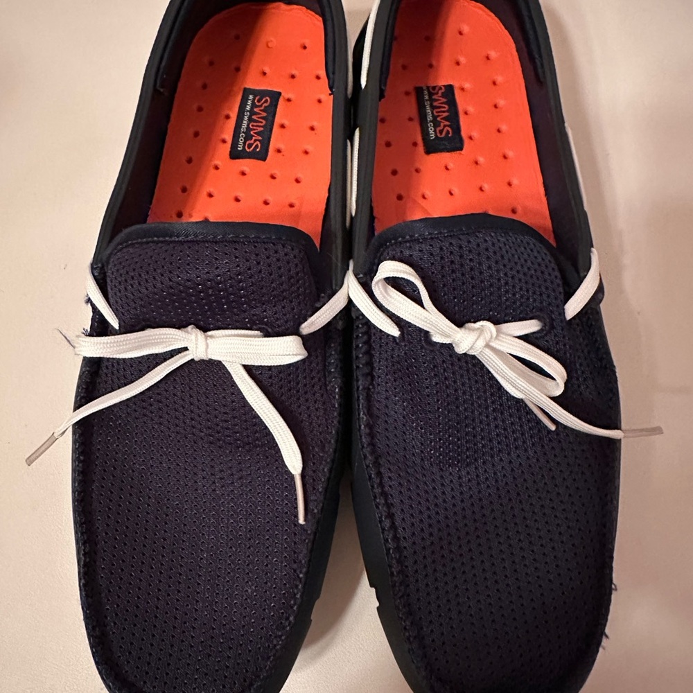 SWIMS Men's Navy Loafers with White Laces.